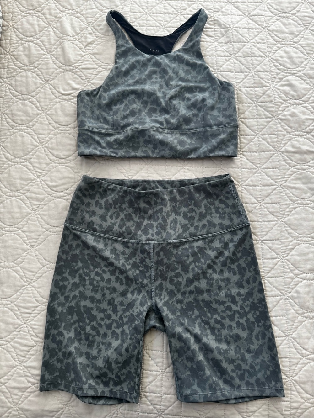 Varley Let’s Move Sports Bra & Bike Shorts Set in Cucumber Blurred Animal